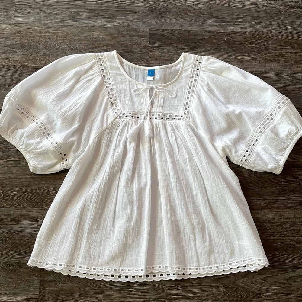 Old Navy White Gauze Notched Neck Balloon Puff Sleeve Short Top Size Small - Picture 12 of 12